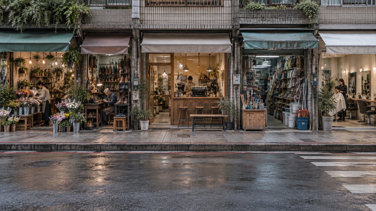 眼鏡行店內陳列架與驗光區，店員正在整理鏡框