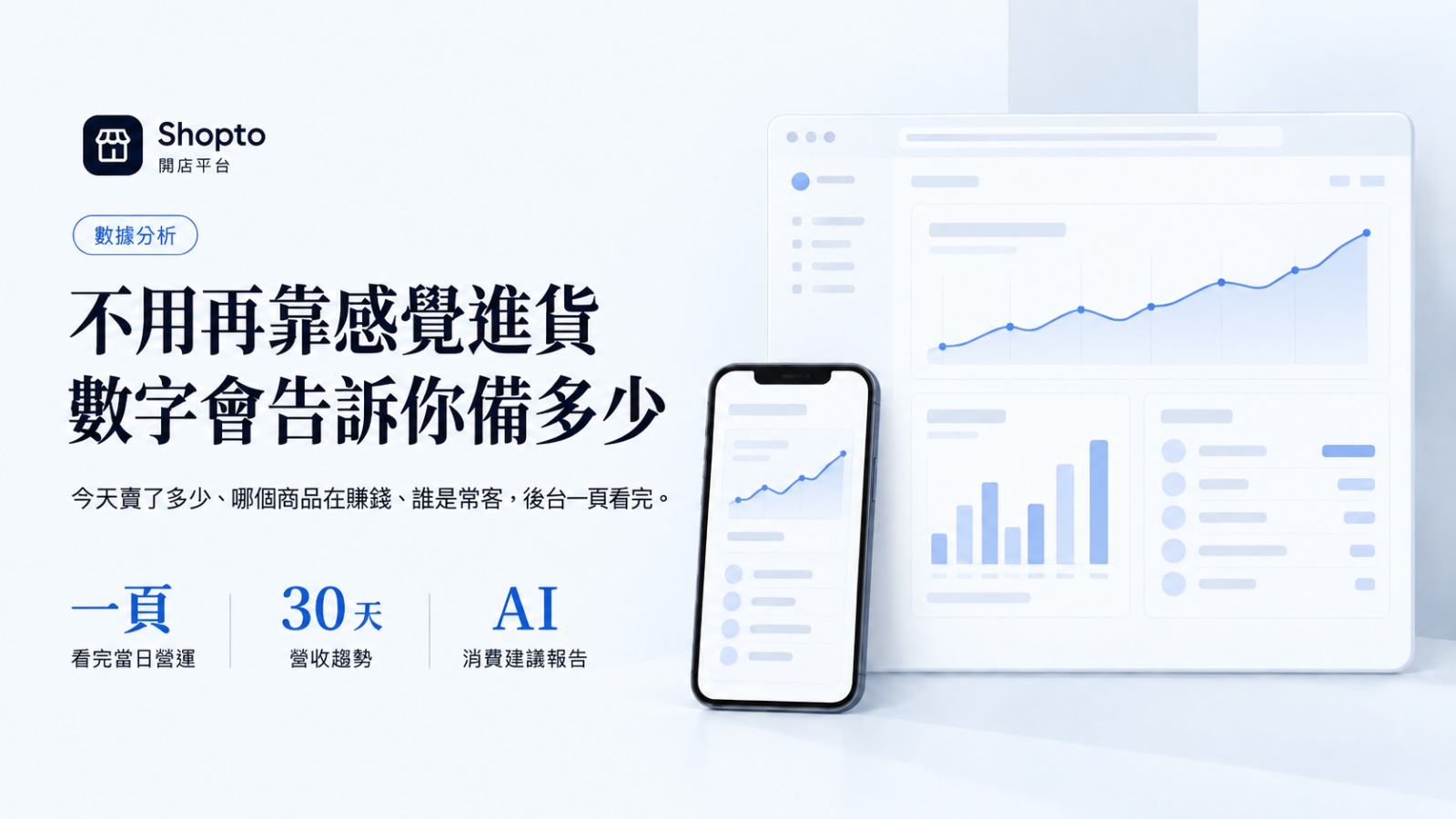 不用再靠感覺進貨，數字會告訴你備多少：當日營運一頁看完、30 天營收趨勢、AI 消費建議報告