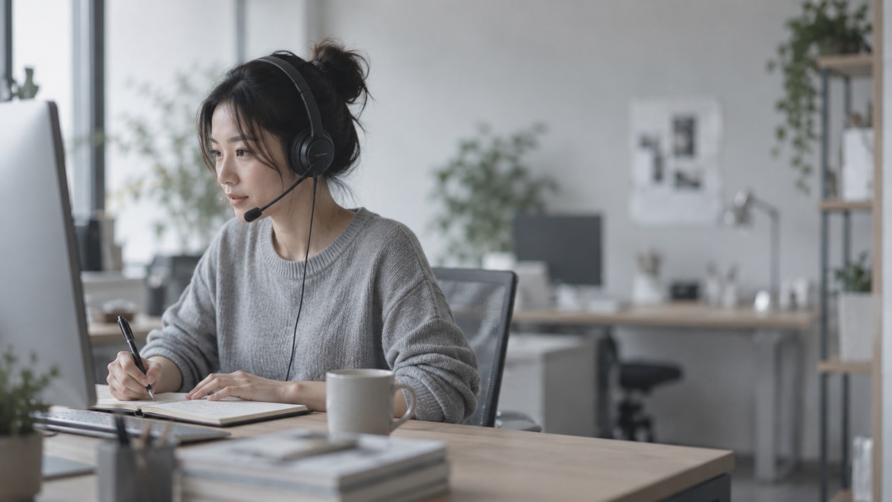 Shopto 顧問戴著耳機在辦公桌前記錄客戶需求