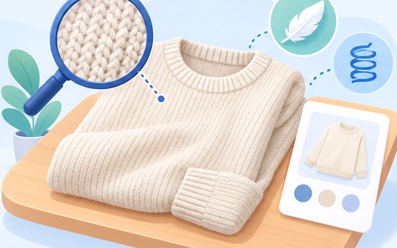 服飾商品描述產生器示意圖：填材質、版型、彈性、厚薄，寫出客人看得懂又安心下單的服飾商品描述。
