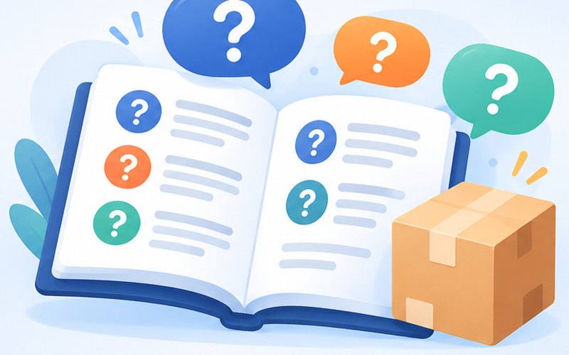 商品 FAQ 整理與匯出示意圖：把商品事實整理成十題問答與 JSON-LD，缺少的資料清楚標示待補。