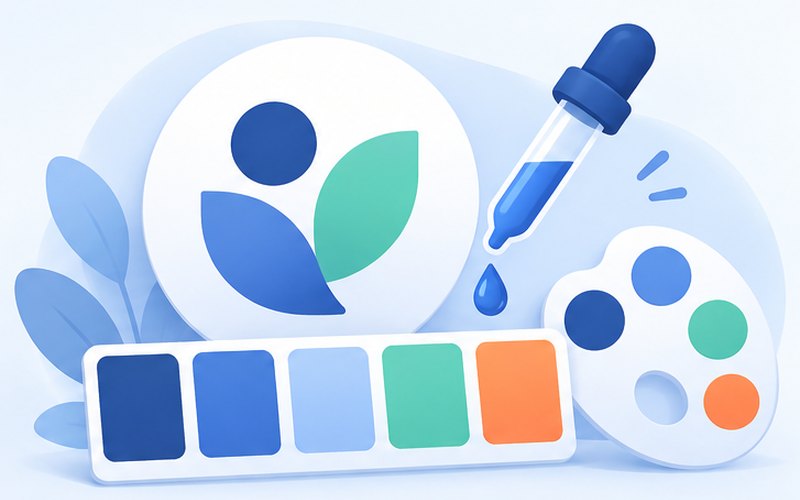 Logo 取色配色機示意圖：上傳你的 Logo，自動抓出品牌色，並配好整套網站與貼文配色。