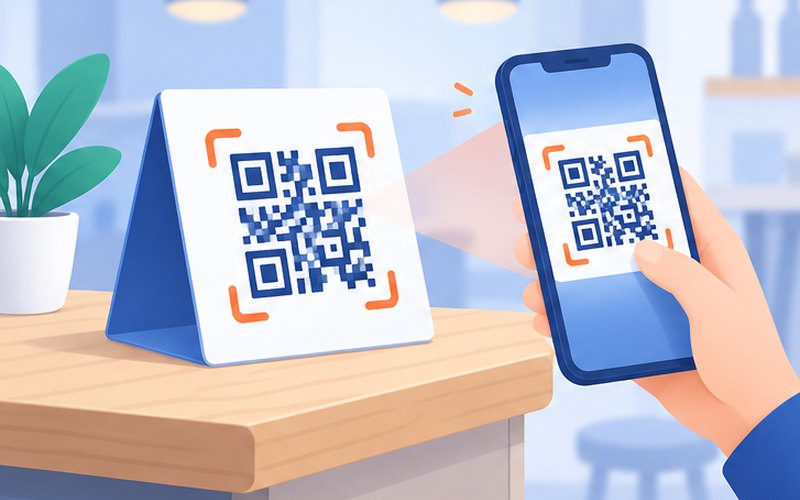桌角 QR 立牌產生器示意圖：貼上連結選用途，馬上做出可以印出來放櫃台的 QR 立牌。