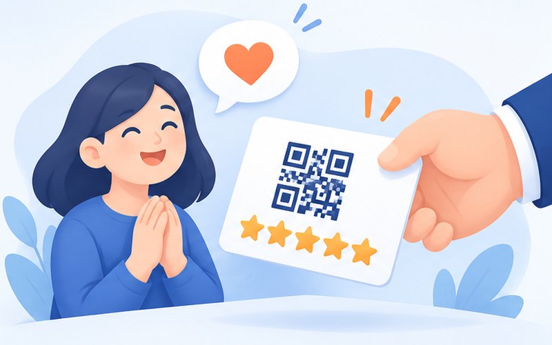 真實評論邀請卡示意圖：產生評論邀請小卡與QR，讓客人留下真實體驗，附店家開口邀請的句子。