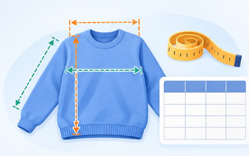 服飾尺寸表產生器示意圖：填每個尺寸的胸寬、衣長、肩寬、袖長，做出商品頁用的尺寸表圖和文字版。