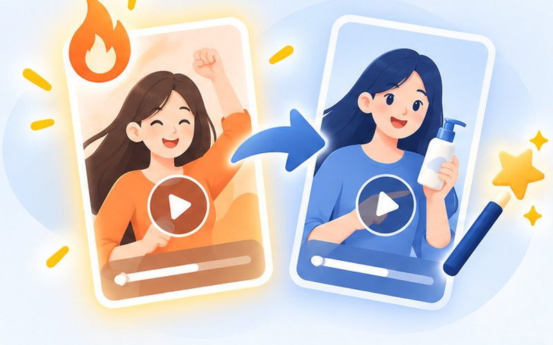 熱門片型套用器示意圖：選一個熱門短影音片型，套進你的商品，給你可以直接照拍的版本。