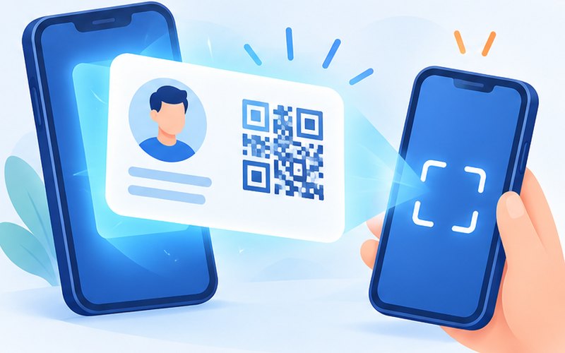 數位名片產生器示意圖：整理可公開的姓名與聯絡方式，輸出vCard、HTML名片與QR，由對方確認儲存。