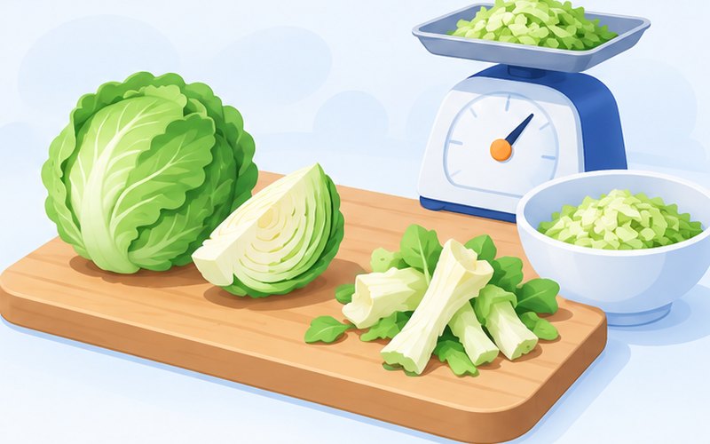 食材可用率與淨成本示意圖：把修切前後數量與處理成本納入，計算單一食材可用率及每份成本。