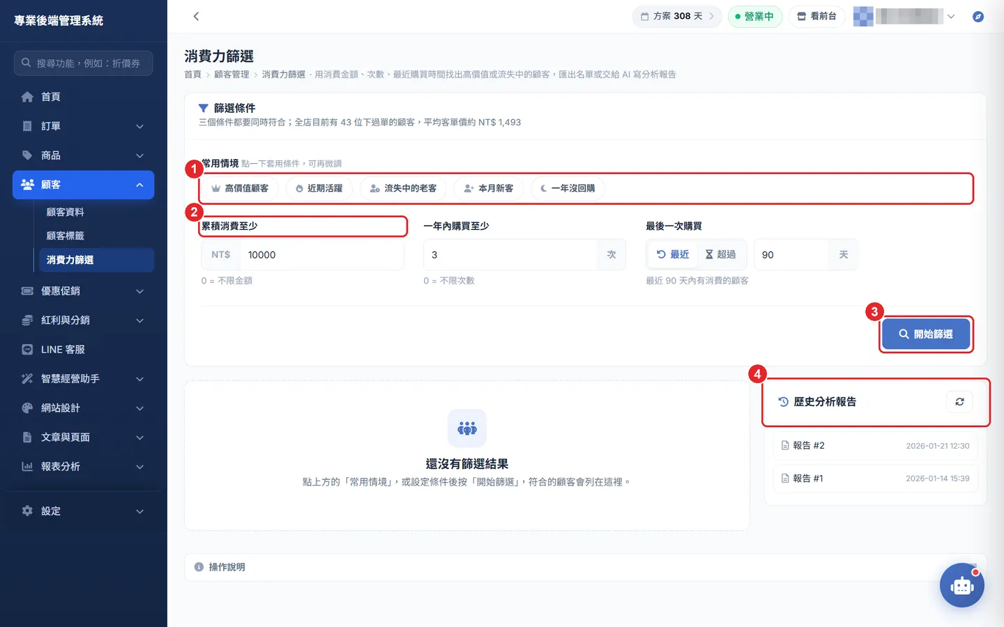 Shopto 後台實際畫面：消費力篩選＋AI 報告